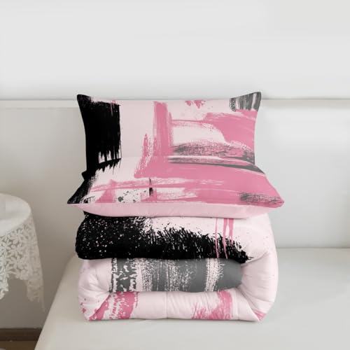 Erosebridal Girls Pink and Black Comforter Set Full Size Girly Abstract Pink Comforter Set for Kids Teens Women Geometric Modern Bedding Sets Minimalists Striped Art Bed Sets for Adults Boys Men Erosebridal