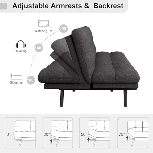 MUUEGM 71" Futon Sofa Bed, Comfortable Memory Foam Futons Sofa with Adjustable Backrest & Armrests, Convertible Loveseat Futon Bed for Compact Living Room, Apartment, Office, Medium Grey MUUEGM