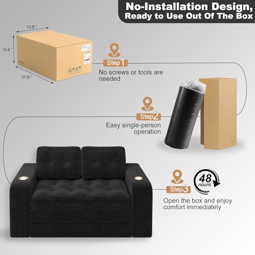 HIBXRPB 55" Futon Sofa Bed, 4‑in‑1 Convertible Boneless Couch Bed, Sofa Cama para Sala & Floor Lounger, Couch in A Box with Cup Holders, Foldable Chair Bed for Small Spaces, Black Corduroy HIBXRPB