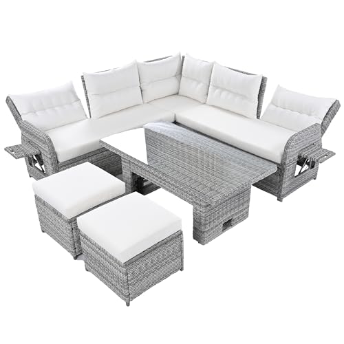 YOPTO 8-Piece Outdoor Furniture Couch Set,Rattan Patio Conversation Sectional Sofa Set with Adjustable Table,Recliners W/Extendable Side Tables & 2 Movable Ottomans,for Patio,Lawn,Backyard,Pool,Beige YOPTO