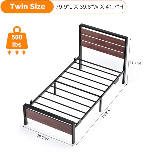 VINGLI Kids Twin Bed Frame with LED Headboard & Footboard, USB Charging Station, Metal Single Platform with 12-Inch Under Bed Storage Space for Dorm Bedroom Teen Guest Room, Mahogany Brown VINGLI
