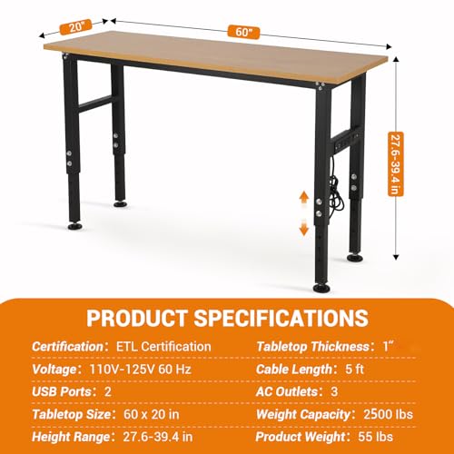 60" Adjustable Workbench with Power Outlet, Heavy Duty 60" x 20" Work Benches with Foot Pads, 2500 LBS Load Capacity Work Bench for Garage, Workshop EliteEdge