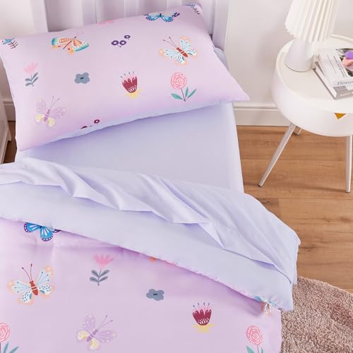 Wake In Cloud - Butterfly Toddler Bedding Set for Girls, Cute Colorful Butterfly with Floral Flowers, 4 Pieces Soft Crib Bed Set Including Comforter, Sheets and Pillowcase, Purple Wake In Cloud