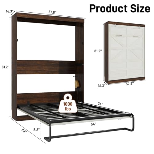 Hlivelood Full Size Murphy Bed with 2 LED Lights, Farmhouse Wood Hidden Foldable Wall Bed Frame w/Gas Struts, Storage Bed Cabinet for Bedroom, Office, Space-Saving, No Box Spring Needed, Rustic White Hlivelood