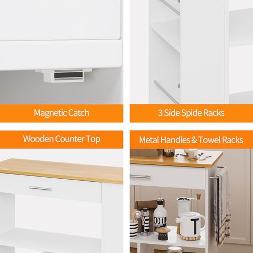 Shintenchi Kitchen Island on Wheels with Storage, Wheeled Island & Cart with 3-Tier Spice Rack, 3 Open Shelves and 1 Drawer, White Shintenchi