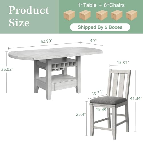 Peatuk Solid Wood Dining Table Set for 6, Modern Breakfast Dinette Expandable Drop Leaf Kitchen Table with Chairs for Dining Room, Kitchen, Grey Peatuk