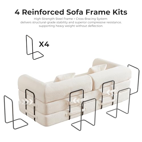 79" Convertible Sofa Bed No Assembly, 5-in-1 Sleeper with Fixed Frame & Corduroy Cloud Cushion, Foldable Futon Couch for Small Apartment, Guest Room, Office (Beige White) Bsxupke