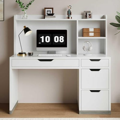 MaverickFurni White Desk with Hutch and Drawers, 53 Inch Computer Desk with Storage File Drawer, White Study Desk with 4 Drawers for Bedroom, Small Space