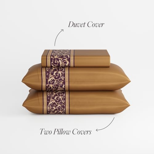 Stoa Paris King Duvet Cover Set 3PCs, 300TC Silk-Like All-Season Luxury Satin Bedding, Skin & Hair Safe, Home Decor, Hidden Zipper + 2 Pillow Shams 20x40”, No Comforter Included, Versailles - Gold Stoa Paris