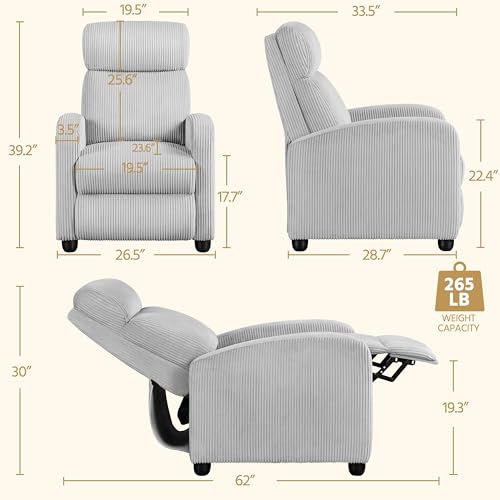 Yaheetech Recliner Chair Corduroy Recliner Sofa with Lumbar Support High-Density Foam & Pocket Springs, Push Back Armchair for Living Room Bedroom Home Theater Light Gray