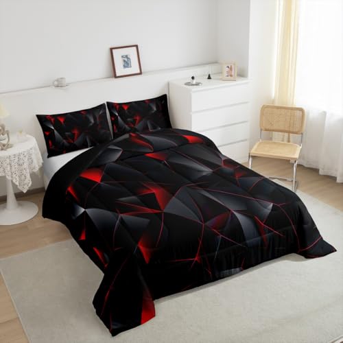 jejeloiu Red and Black Comforter Set Twin Size Kids Geometric Pattern Bedding Set for Boys Girls Teens Adults, Art Aesthetic Duvet Quilt Breathable Soft Room Decor 2Pcs jejeloiu
