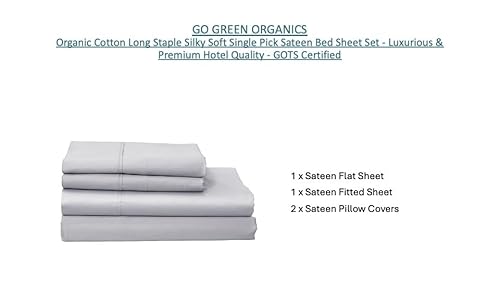 GO GREEN ORGANICS Organic Cotton Long Staple Silky Soft Single Pick Sateen Bed Sheet Set - Luxurious & Premium Hotel Quality - GOTS Certified - Solid Dyed (Grey Dawn, Queen (U.S. Standard)) GO GREEN ORGANICS