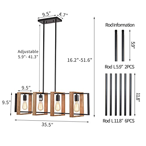 Dining Room Light Fixture Farmhouse Pendant Lights Kitchen Island Rustic Kitchen Light Fixtures 4 Lights Wood and Black Metal Rectangular Chandelier Ceiling Hanging Lighting 35.4" Poroulux