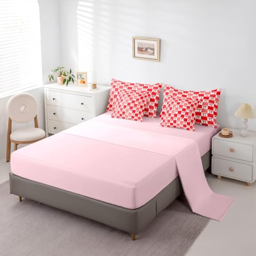 Erosebridal Ribbon Bow 7 Piece Bedding Set Full Grid Comforter Set with Sheets Plaid Check Aesthetic Coquette Kawaii Bed in a Bag Cute Bowknot Red for Kids Girls Women Erosebridal