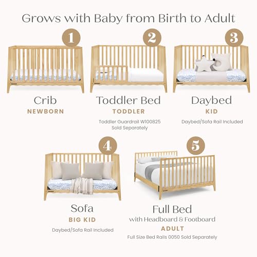 Delta Children Lulu 5-in-1 Convertible Crib, Converts to Toddler Bed, Daybed, Sofa & Full-Size Bed, Natural Wood, Fits Standard Crib Mattress, 3 Mattress Heights for Baby Nursery, Natural