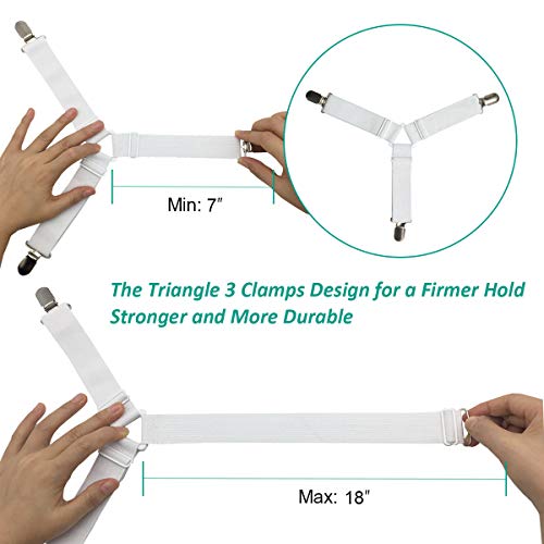 Bed Sheet Fasteners, Adjustable Mattress Suspenders, Mattress Cover Straps, Bed Corner Holder and Keepers and the Bed Sheet Grippers Clips (Triangle White Set of 4) RayTour