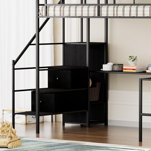 PVWIIK Staircase Full Size Loft Bed with L-Shaped Desk with Wardrobe,Charging Cradle,Loft Bed Frame with LED Lights for Kids Youths Adults Dorm Bedroom, No Box Spring Needed,Black PVWIIK
