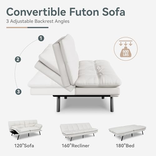 AMICLIBER Futon Sofa Bed Convertible Couch, White Faux Leather Sofa Bed with Memory Foam, Adjustable Backrest & Armrests, Multifunctional Small Loveseat Sleeper Sofa for Living Room, Apartment, Office AMICLIBER