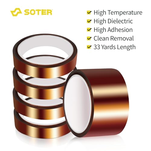 SOTER High Temperature Tape, Heat Resistant/Transfer Tape, Heat Sublimation Press Tape, for Masking, Soldering, Electrical, 3D Printer Application, CPU, PCB, No Residue. 10mm*33m (36Yd),2Rolls SOTER
