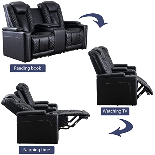 CANMOV Home Theater Seating, Electric Power Recliner Chairs with USB Ports and Cup Holders, Breathable Faux Leather Recliner Set with Hidden Arm Storage, Ambient Lighting (Row of 2, Black) CANMOV