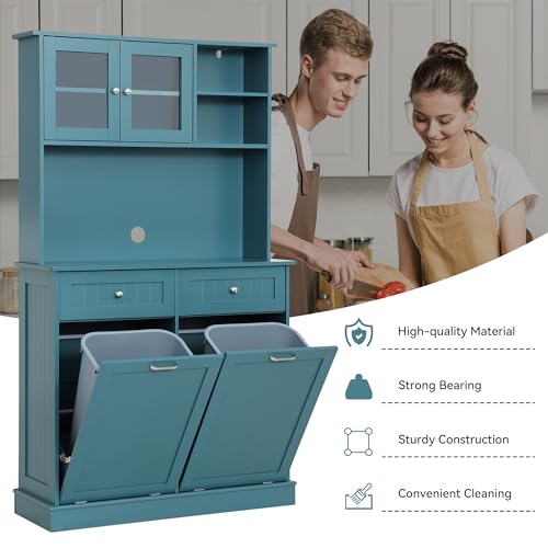 LOUVIXA Kitchen Pantry Storage Cabinet, Microwave Cabinet with Tilt Out Trash Cabinet, Freestanding Kitchen Hutch,Tall Pantry Cabinet Cupboard (Blue) LOUVIXA