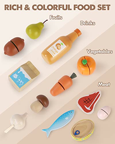 Wooden Play Food Sets for Kids Kitchen, Food Toys for Toddlers 3+ Year Old, with Shopping Bag, Pretend Food Play Kitchen Cutting Fruits Vegetables Toys, Gift for Boys Girls Educational Toys Lehoo Castle