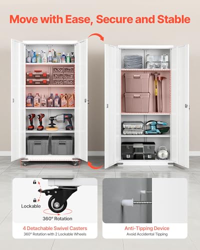 VEVOR Metal Storage Cabinet, 72.6 in Rolling Steel Garage Cabinet with 4 Adjustable Shelves, 2 Magnetic Doors & 2 Keys, 5 Tiers Lockable Tool Storage for Pantry, Warehouse, Basement, Office, White VEVOR