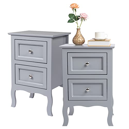 Karl home Grey Nightstand Set of 2 for Bedroom, Vintage Small Night Stand with Drawers, Farmhouse Side Table, Wooden End Tables with Curved Legs for Office, Mid-Century Karl home