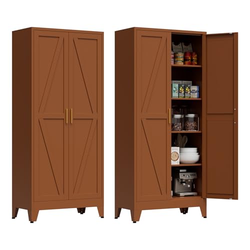 Brown Metal Storage Cabinet,71" Tall Farmhouse Storage Cabinets with 2 Morden Rhombus Doors and 4 Adjustable Shelves, Rustic Freestanding Cupboard for Kitchen,Home Office Living Room,Dining Room XIOMIOHTRQ