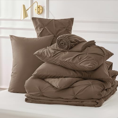 Bedsure Twin Comforter Set Brown - Bed in a Bag Twin Size Bedding 5 Pieces, GentleSoft™ Pintuck Bed Set Gift for Family, Pinch Pleat Brown Comforter with Sheets, Pillowcase & Sham Bedsure