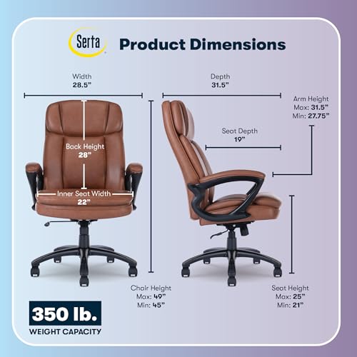 Serta Fairbanks Big & Tall Executive Office Chair, Ergonomic Comfy High-Back ComputerChairs with Lumbar Support, Semi-Plush Seat Cushion, Padded Armrests, Nylon Swivel Base, Bonded Leather, Cognac Serta