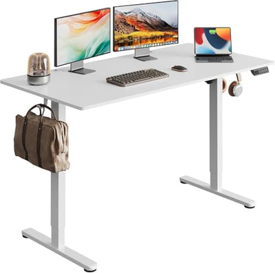 DEVAISE 55 x 28 Inch Electric Standing Desk, One-Piece Desktop Seamless Adjustable Height Table, Sit to Stand Desk with Adjustable Height, 3 Preset Memory Sit Stand up Desk for Home, Office (White)