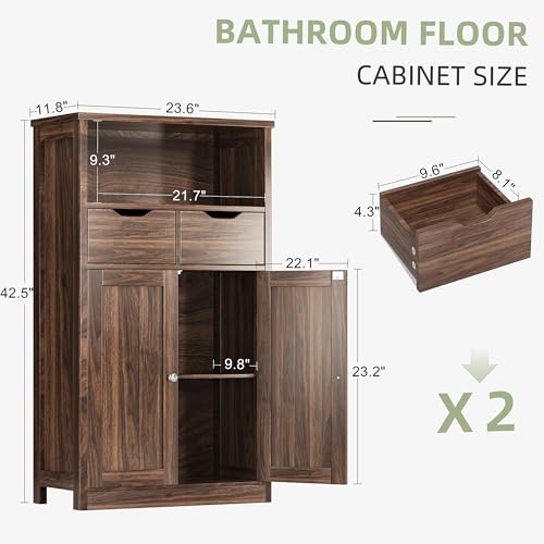 Shintenchi Floor Storage Cabinet, Bathroom Storage Organizer with Doors and Drawers, Freestanding Side Cupboard Pantry with Adjustable Shelf for Bathroom/Kitchen/Livingroom, Walnut Shintenchi
