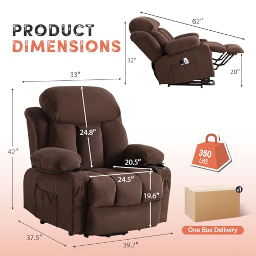 BOSMILLER Power Lift Recliner Chair with Massage and Heat for Elderly, Electric Recliner Single Sofa with Two Cup Holders, Extended Footrest, Side Pocket and USB Charge Port for Living Room