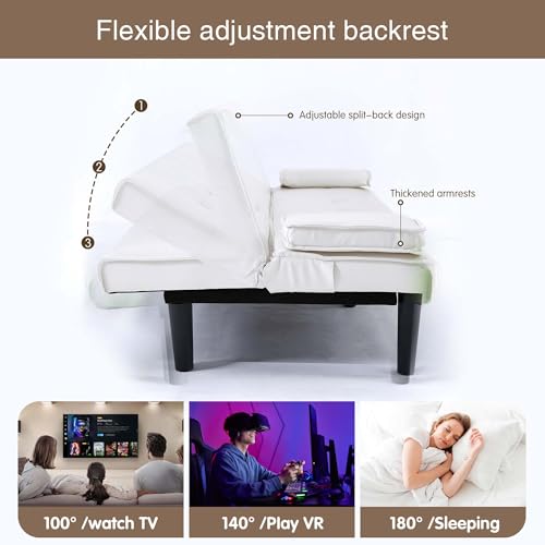 ODOLAR 67" Futon Sofa Bed,Convertible Sofa Bed with 2 Cup Holders,Sleeper Couch PVC Leather Removable Soft Armrest Small Couch for Living Room Apartments (White) ODOLAR