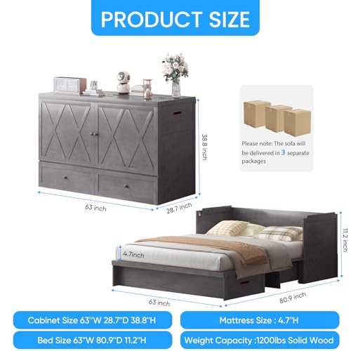 PUREMIND Murphy Bed Queen with Tri-Fold Mattress, Modern Murphy Cabinet Bed with USB Charging Station & Large Storage Drawer, Space-Saving Full Foldable Platform Bed for Guest Bedroom (Gray) PUREMIND