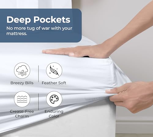 Royale Linens 100% Organic Cotton Fitted Sheet - Percale Weave - Super Soft Deep Pocket Bottom Sheets - White Elastic Sheet Twin Size - Twin Fitted Sheets Only - (39"x75"+15", White) ROYALE LINENS