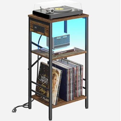 Asgolion Record Player Stand with Charging Station, 3-Tier End Table with LED Light, Side Table Nightstand for Vinyl Storage,Tall Beside Tables Turntable Stand Living Room, Bedroom, Rustic Brown