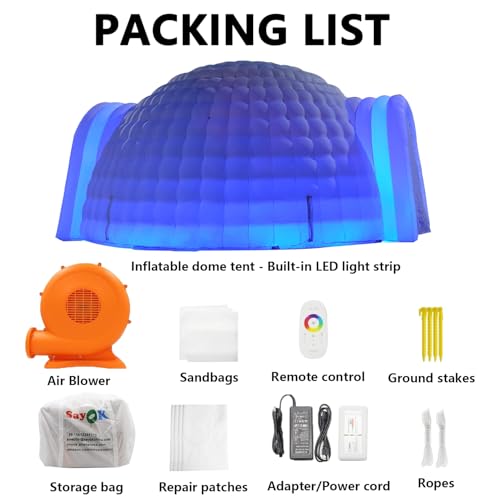 SAYOK Portable Inflatable Igloo Dome with Air Blower (White, Two Doors, 16.4ft) Event Structure Night Club Party Tent for Wedding Promotion Trade Show SAYOK