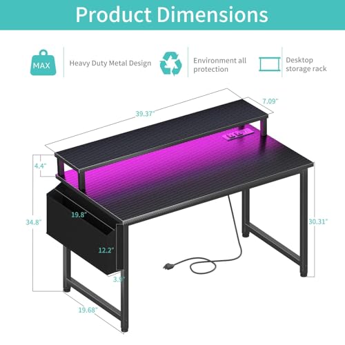 Lufeiya Gaming Desk with Power Outlets and LED Lights, 40 Inch Gamer Desk Table with Charging Station, Home Office Computer Desks with Monitor, Black Lufeiya