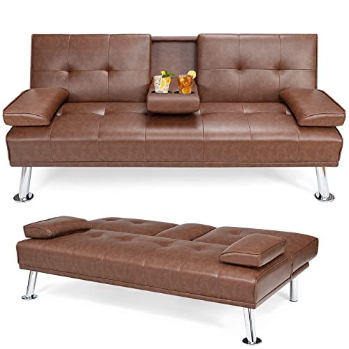 Giantex Convertible Futon Sofa Bed, Faux Leather Sectional Couch Sleeper, Removable Armrests 2 Cup Holders Backrest Adjustable, Upholstered Small Guest Bed for Apartment Living Room Brown Giantex