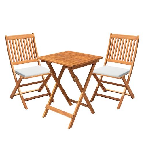 Flamaker Patio Set 3 Piece Acacia Wood Folding Bistro Set Outdoor Square Table and Chairs Balcony Furniture for Porch, Lawn, Backyard (Natural) Flamaker