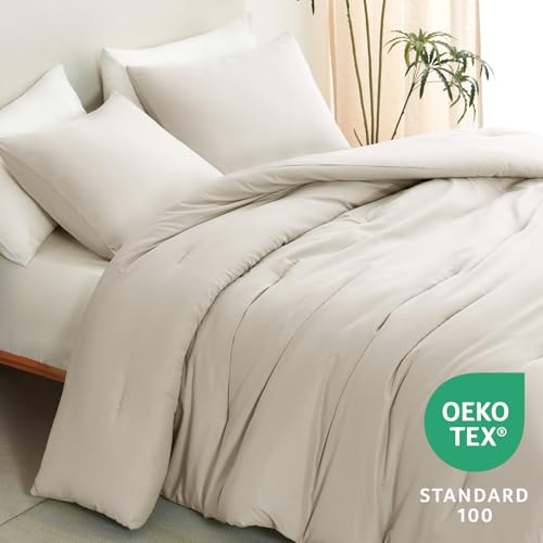 CozyLux Beige Queen Comforter Set, 3 Pieces Boho Solid Breathable Quilted Style Bedding Sets, Luxury Fluffy Soft Bed Set with Down Alternative Comforter for All Season (1 Comforter & 2 Pillowcases) CozyLux