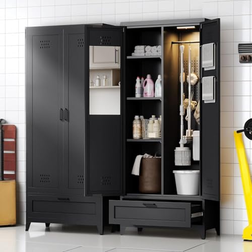 YITAHOME 71" Metal Garage Broom Cabinets with Adjustable Shelves, Vacuum Storage Cabinet with Doors and Drawer, Tool Storage Cabinet for Gym, Basement, Warehouse, Black, Metal YITAHOME