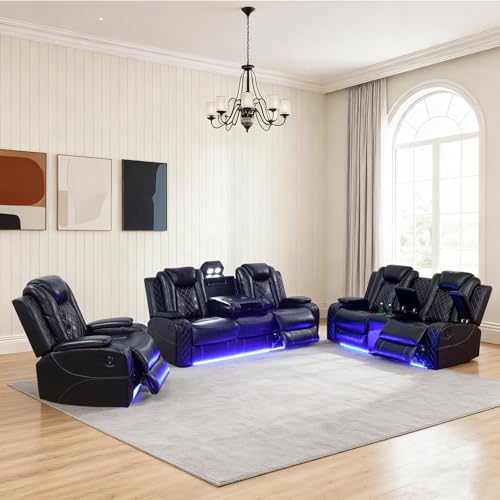 SITYRUBE Power Leather Recliner Sofa Set with LED Lights, Power Reclining Couch Set,Leather Living Room Sofa 3 Pieces with Coffee Table/Cup Holder for House/Home Theater(Black,6 Seater)