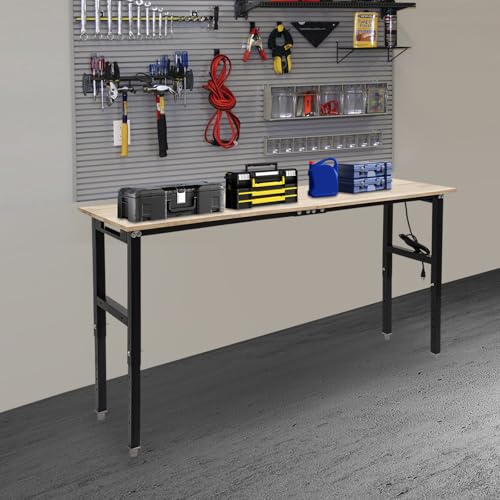 RIQUIPAI Height Adjustable Workbench, 72" x 20" Garage Worktable with 3000Lbs Capacity, 31.5"-39.3" H Workbench with 4 AC Outlets & 2 USB Ports, for Studio, Workshop, Warehouse, Home, Office RIQUIPAI