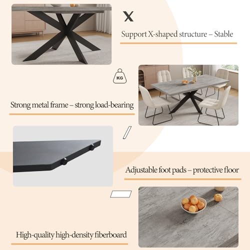 ZckyCine 6-8 Person Modern Rectangular Dining Table Set with 6 Chairs, Expandable Kitchen Table (51 to 63 Inches), Space-Saving Design, Metal Frame, Gray Tabletop & White PU Leather Chairs ZckyCine