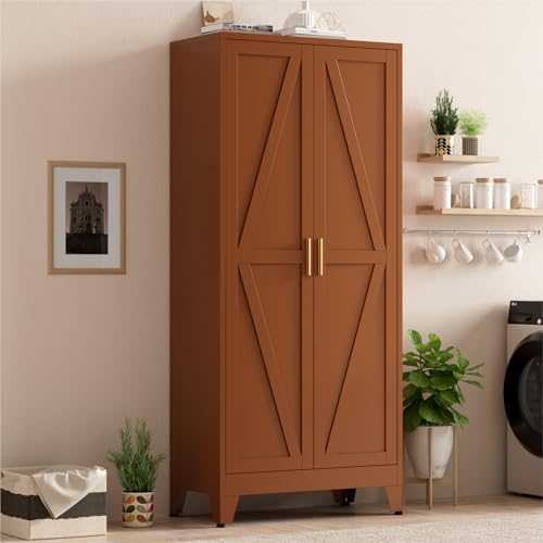 Brown Metal Storage Cabinet,71" Tall Farmhouse Storage Cabinets with 2 Morden Rhombus Doors and 4 Adjustable Shelves, Rustic Freestanding Cupboard for Kitchen,Home Office Living Room,Dining Room XIOMIOHTRQ