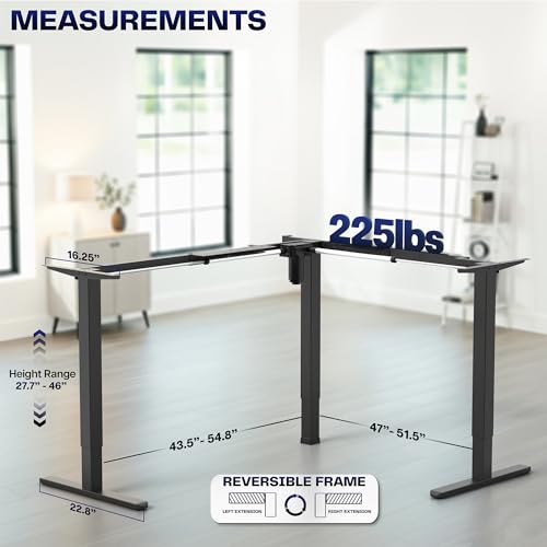 VIVO Medium Electric Single Motor Height Adjustable 3-Leg Corner Desk Standing Frame, Holds up to 225 lbs, Sit Stand L-Shaped Motorized Legs Only, Black, DESK-E355B VIVO