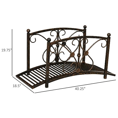 Outsunny 3.3FT Metal Arch Zen Garden Bridge with Safety Siderails, Decorative Footbridge, Delicate Floral Scrollwork for Stream, Fish Pond, Brown Outsunny
